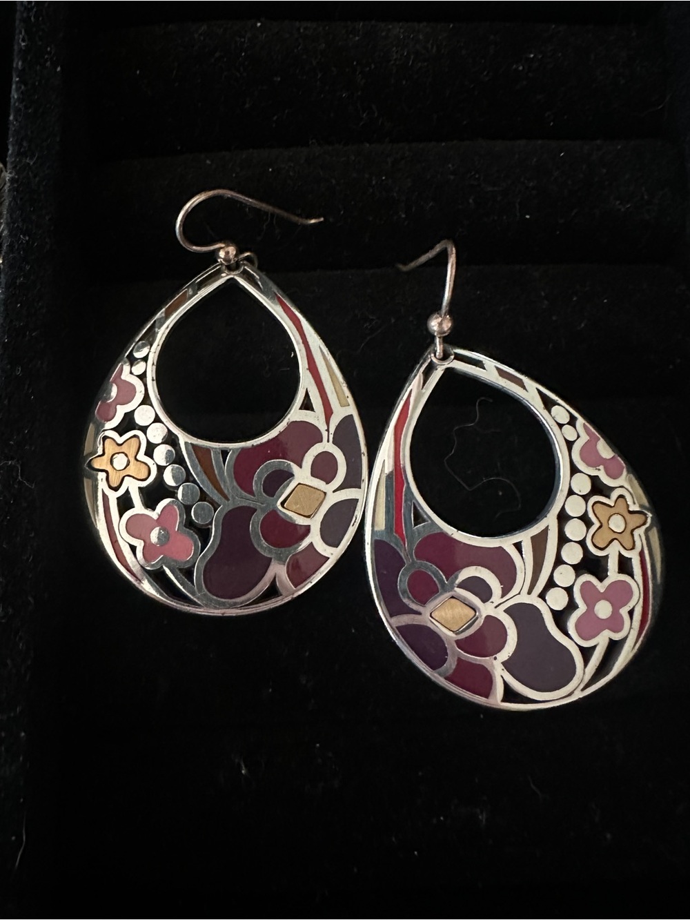 Floral Teardrop Enamel Drop Earrings - Pink & dark purple
